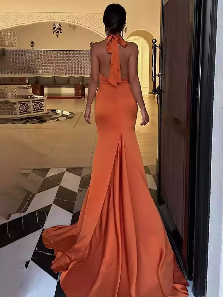 Enchanting mermaid backless neckline sleeveless silhouette pleated hem floor length skirt with back tie Prom Dresses